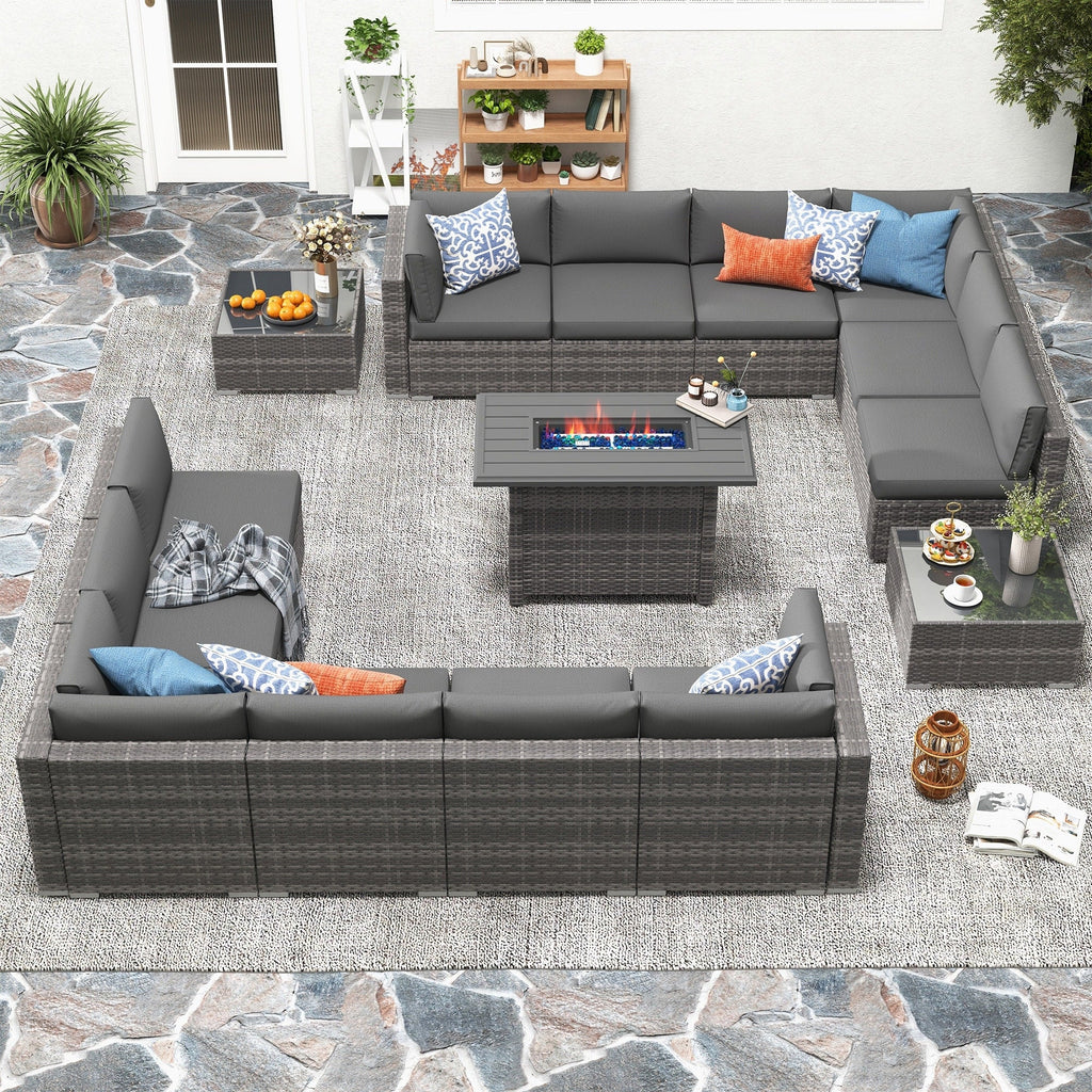 Ensemble de 15 meubles de patio en osier avec canapé, foyer et table