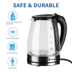 Bouilloire électrique en verre 1500 W 1,8 L avec arrêt automatique et couvercle et fond en acier inoxydable