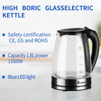 Bouilloire électrique en verre 1500 W 1,8 L avec arrêt automatique et couvercle et fond en acier inoxydable