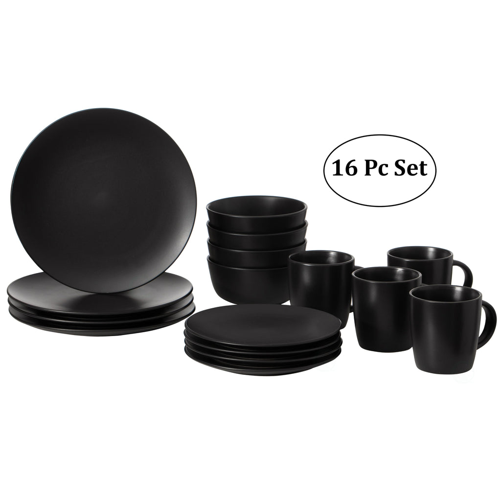 Service de table 16 pièces pour 4 personnes | Tasses, assiettes à salade, bols et saladiers, résistant aux éclats et aux fissures, noir mat