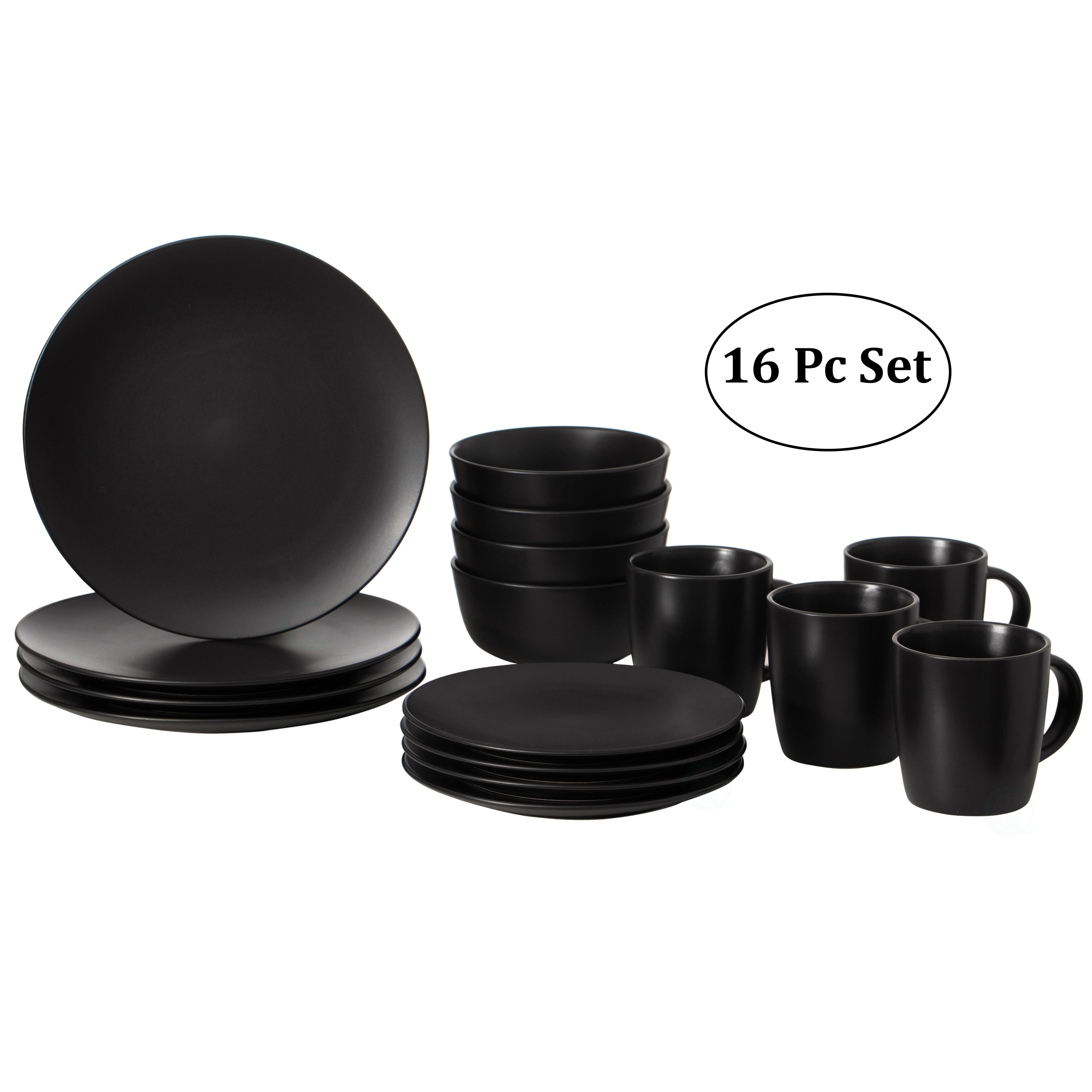 Service de table 16 pièces pour 4 personnes | Tasses, assiettes à salade, bols et saladiers, résistant aux éclats et aux fissures, noir mat