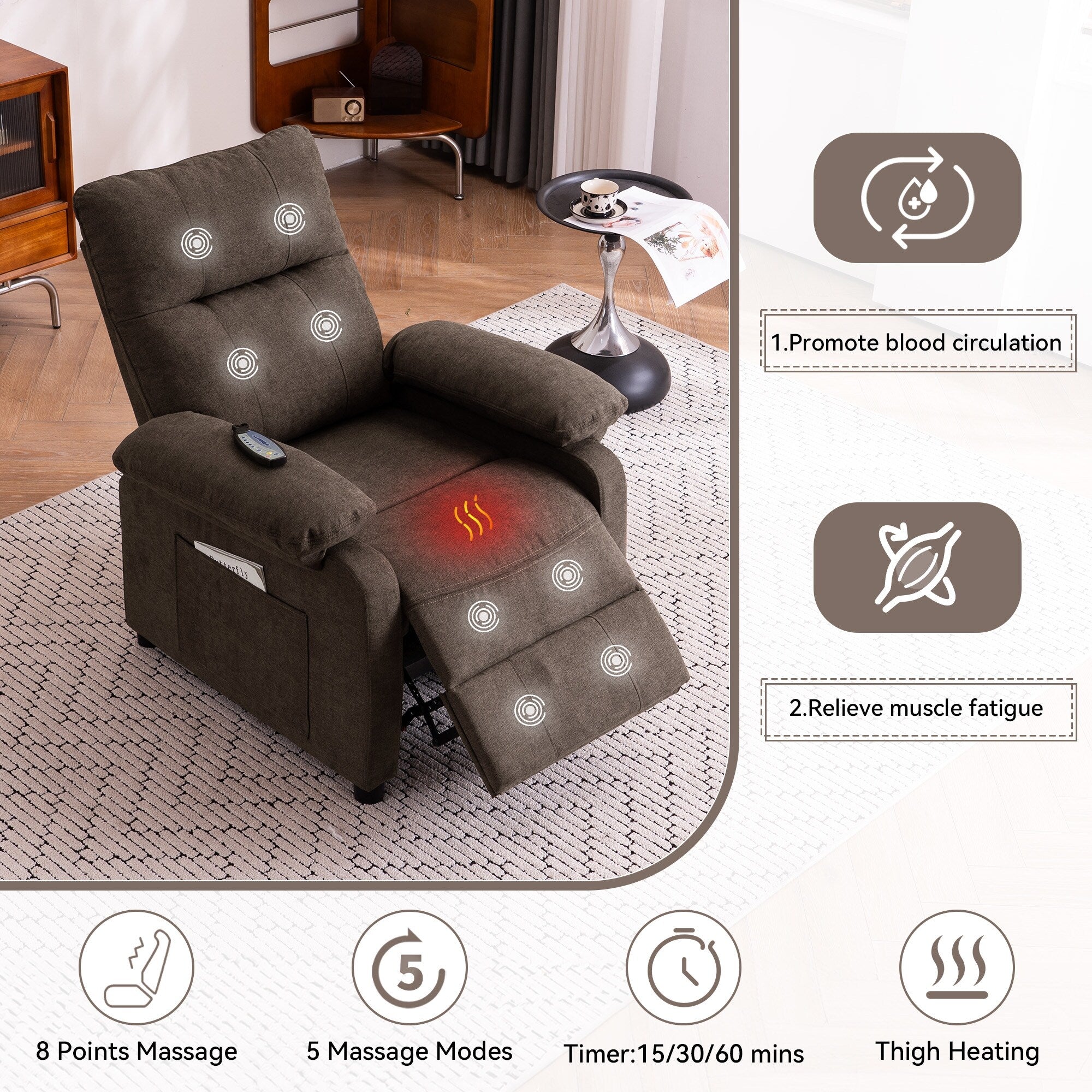 Fauteuil inclinable électrique à 160° pour personnes âgées, avec massage à 8 points, chauffage et tissu chenille doux