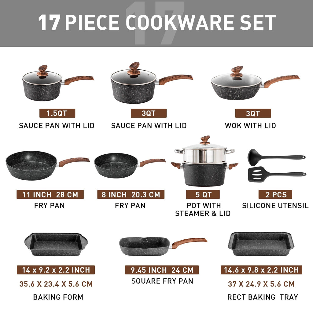 Batterie de cuisine en granit 17 pièces, ensemble de casseroles et poêles antiadhésives