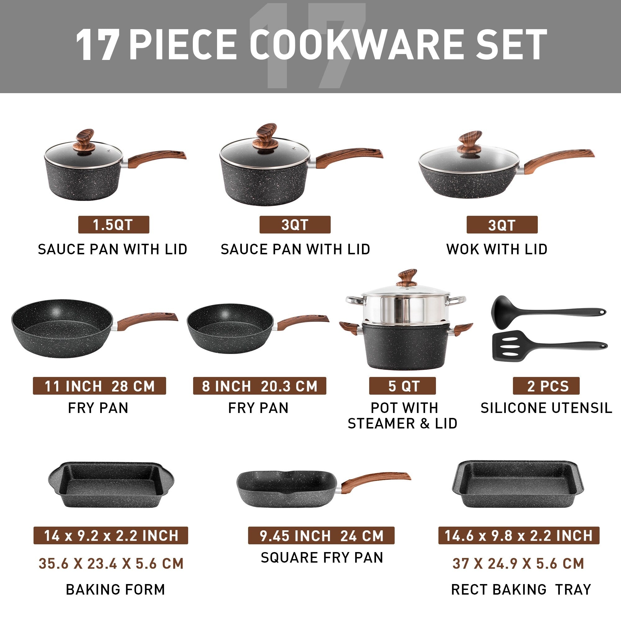 Batterie de cuisine en granit 17 pièces, ensemble de casseroles et poêles antiadhésives