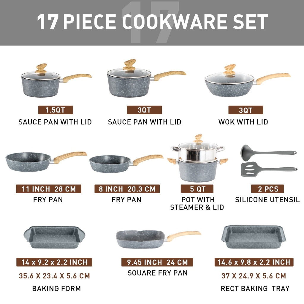 Batterie de cuisine en granit 17 pièces, ensemble de casseroles et poêles antiadhésives