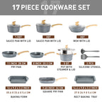 Batterie de cuisine en granit 17 pièces, ensemble de casseroles et poêles antiadhésives