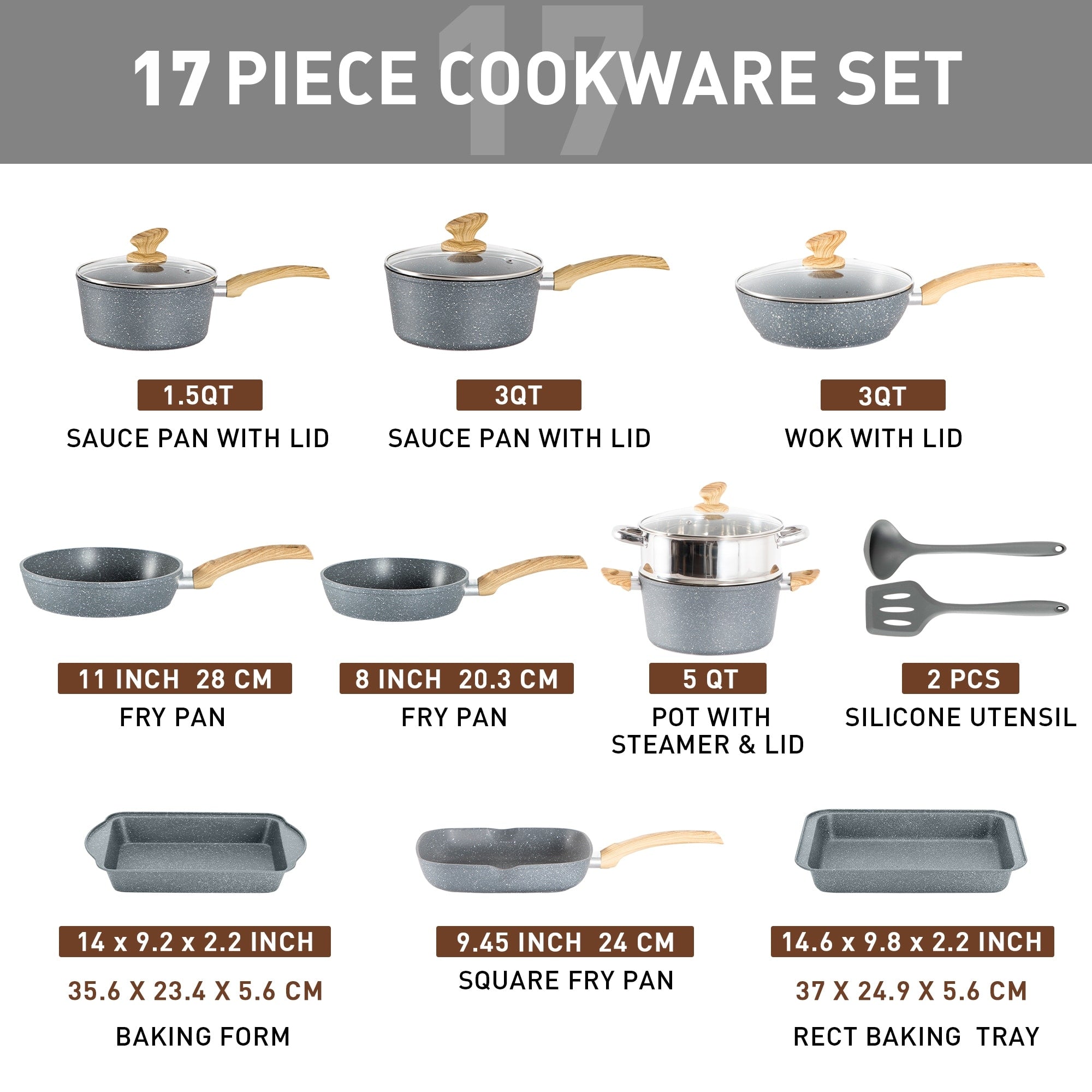 Batterie de cuisine en granit 17 pièces, ensemble de casseroles et poêles antiadhésives