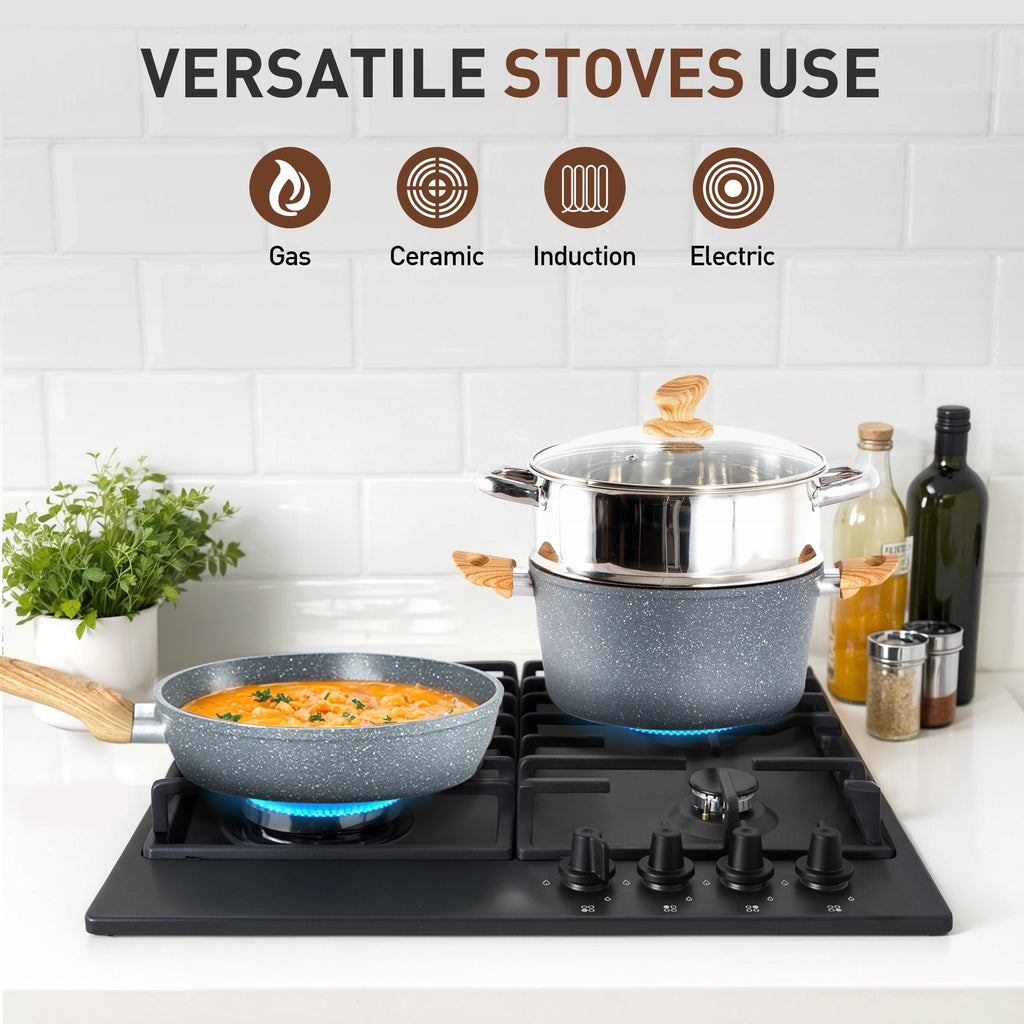 Batterie de cuisine en granit 17 pièces, ensemble de casseroles et poêles antiadhésives