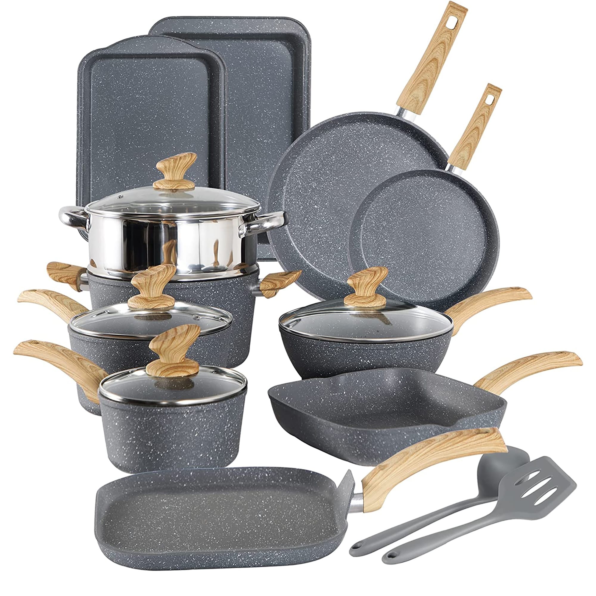 Batterie de cuisine en granit 17 pièces, ensemble de casseroles et poêles antiadhésives