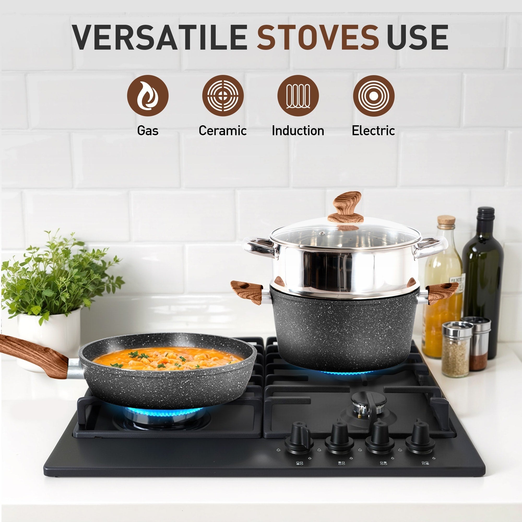 Batterie de cuisine en granit 17 pièces, ensemble de casseroles et poêles antiadhésives