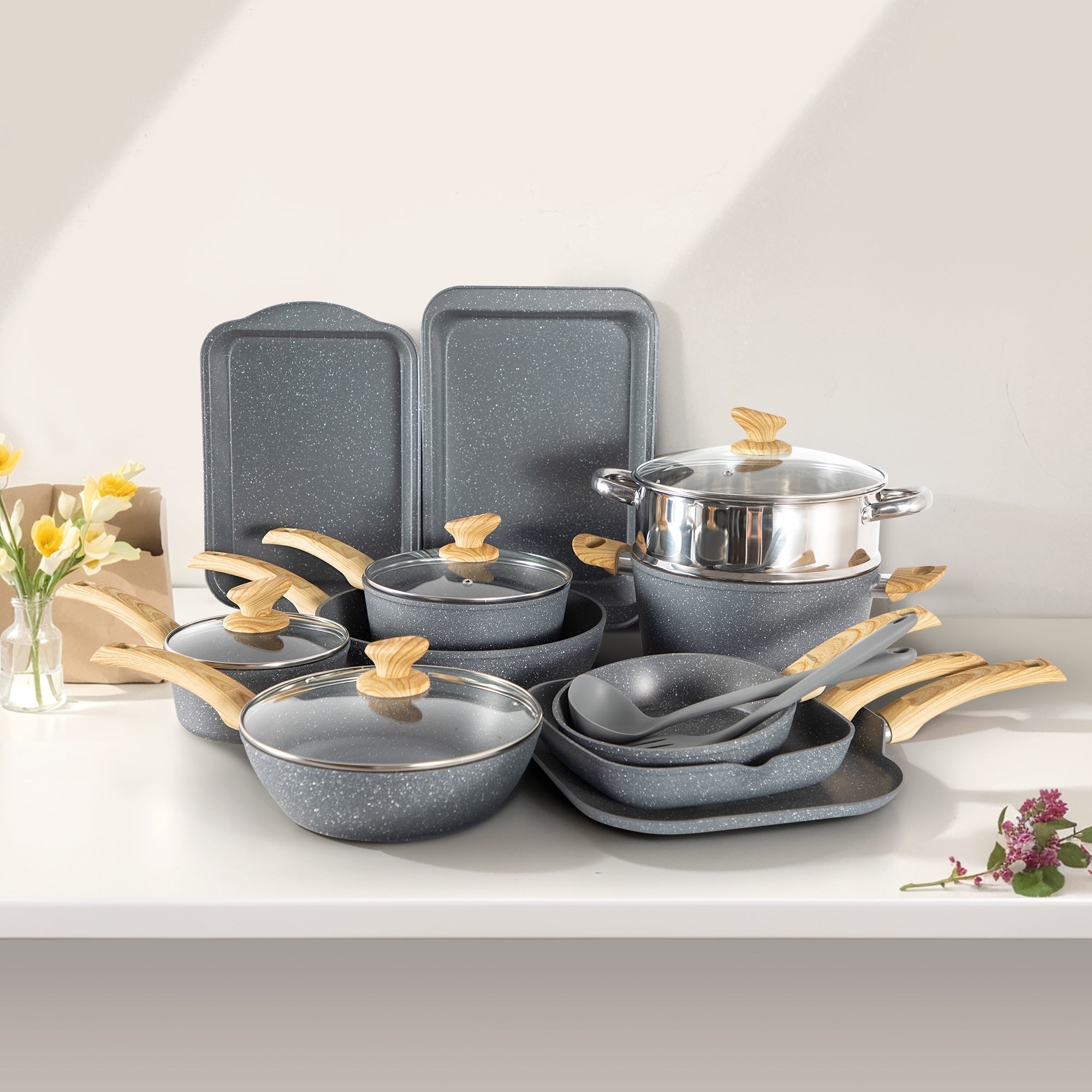 Batterie de cuisine en granit 17 pièces, ensemble de casseroles et poêles antiadhésives