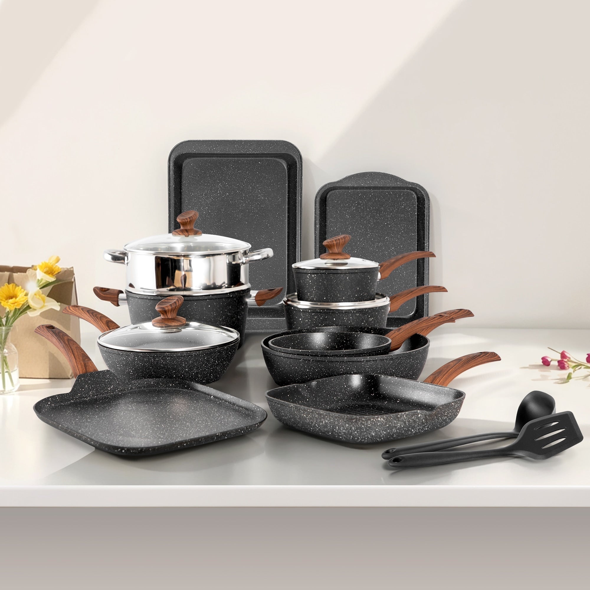 Batterie de cuisine en granit 17 pièces, ensemble de casseroles et poêles antiadhésives