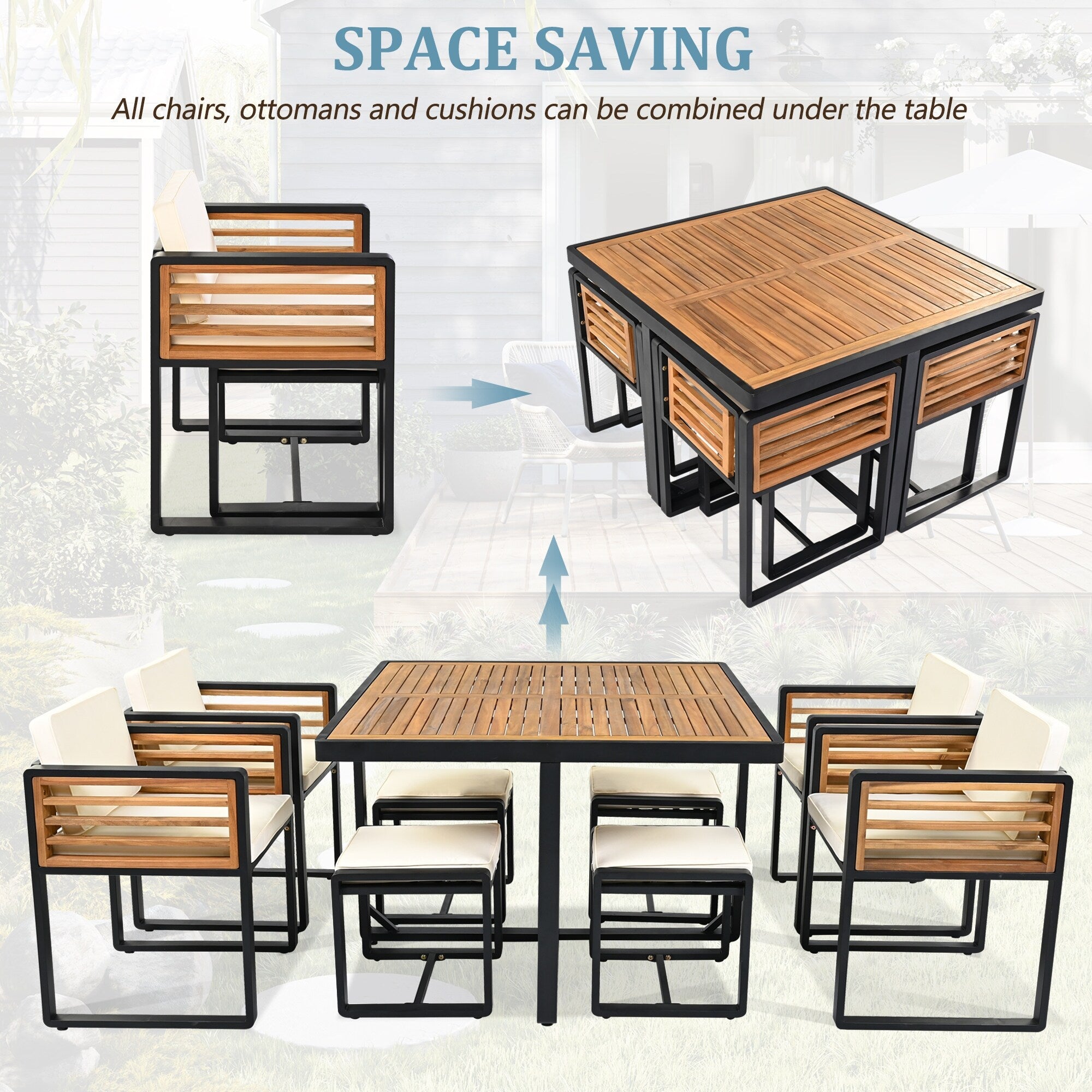 Ensemble de salle à manger de patio en bois d'acacia 18 pièces, 8 chaises rembourrées, 8 poufs et 2 tables carrées
