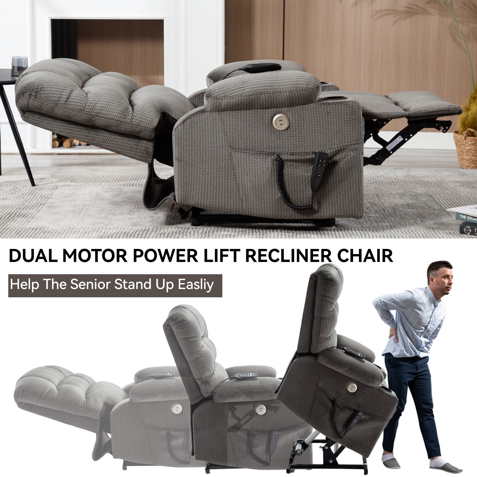 Fauteuil inclinable électrique à 180° avec massage et chauffage, deux porte-gobelets
