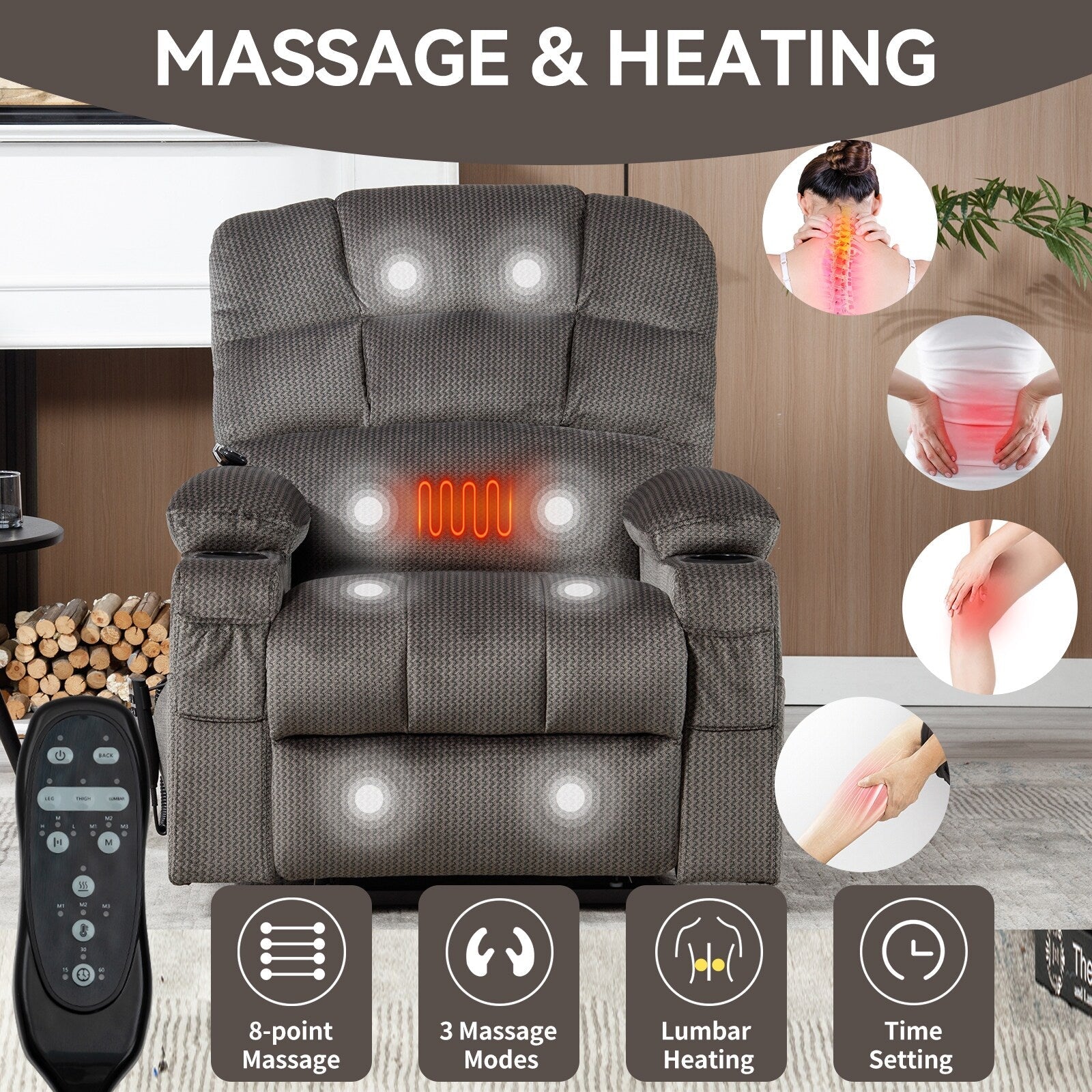 Fauteuil inclinable électrique à 180° avec massage et chauffage, deux porte-gobelets