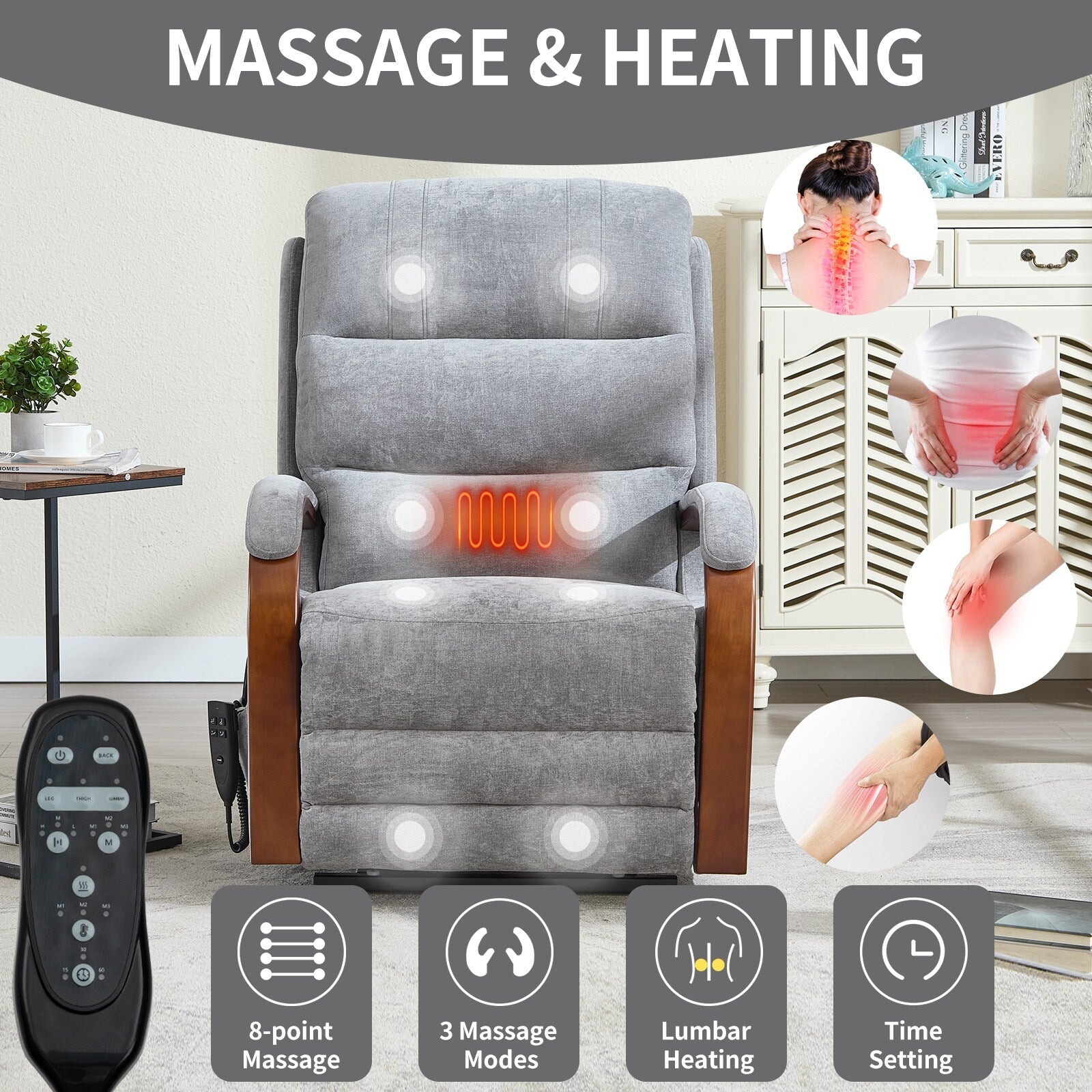 Fauteuil inclinable électrique à 180° avec massage et chauffage, accoudoirs en bois massif