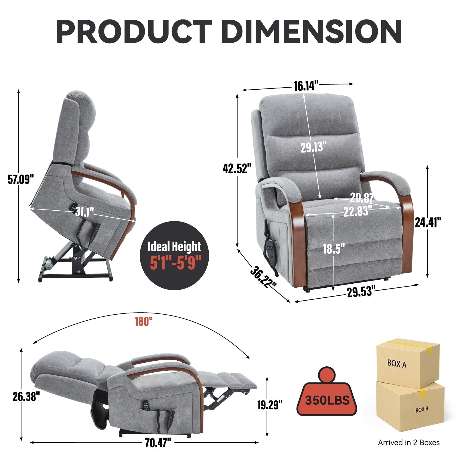 Fauteuil inclinable électrique à 180° avec massage et chauffage, accoudoirs en bois massif