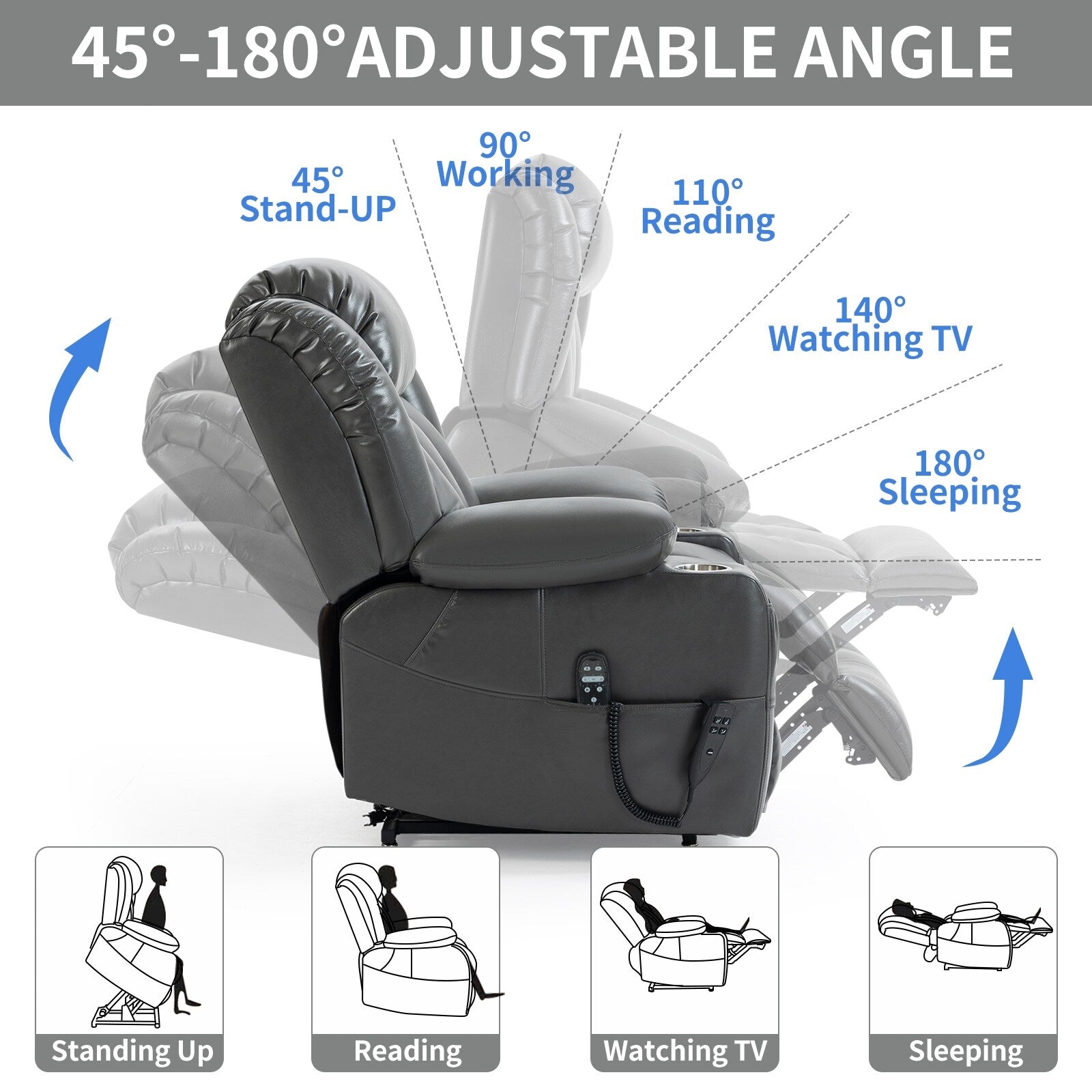 Fauteuil inclinable électrique à 180°, double moteur, porte-gobelets en acier inoxydable