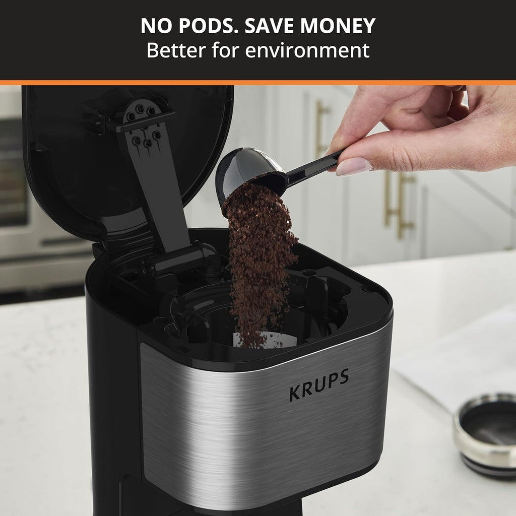 Cafetière à dosettes individuelle 2 tasses avec gobelet de voyage, 650 W, design compact en acier inoxydable