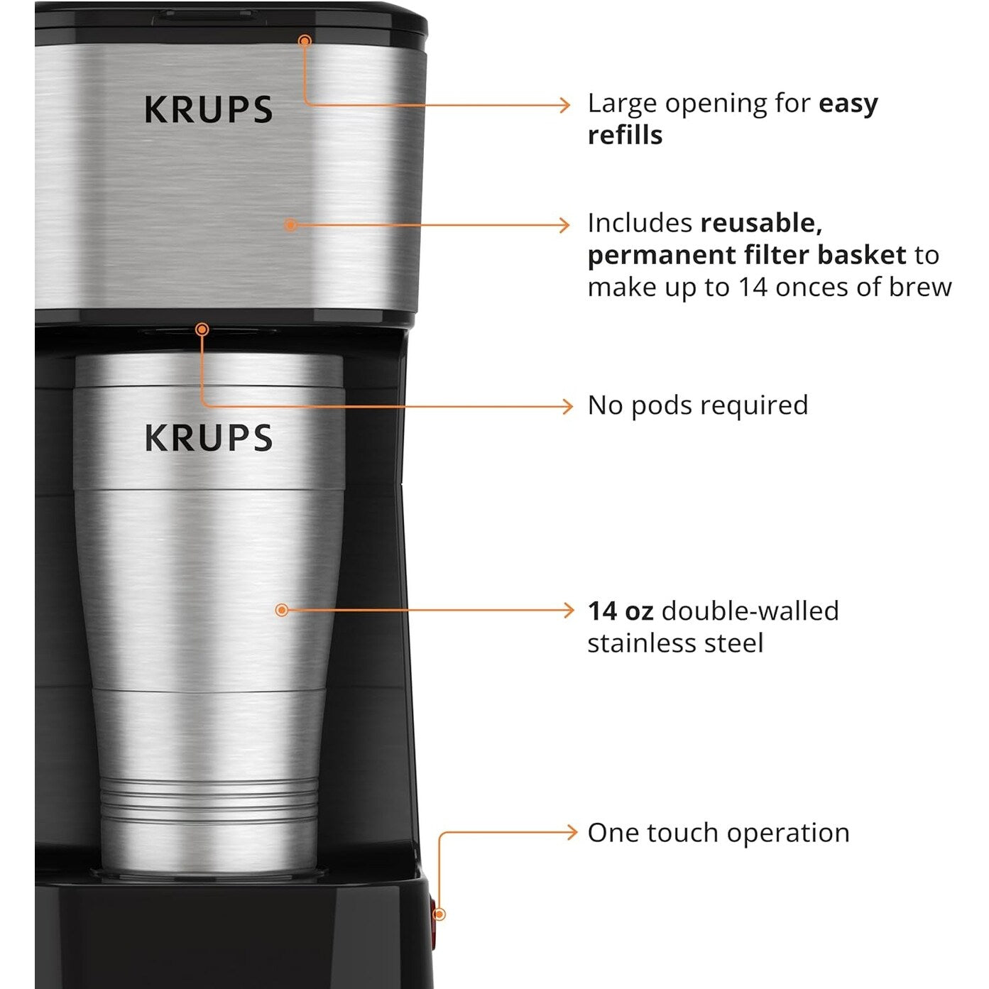 Cafetière à dosettes individuelle 2 tasses avec gobelet de voyage, 650 W, design compact en acier inoxydable