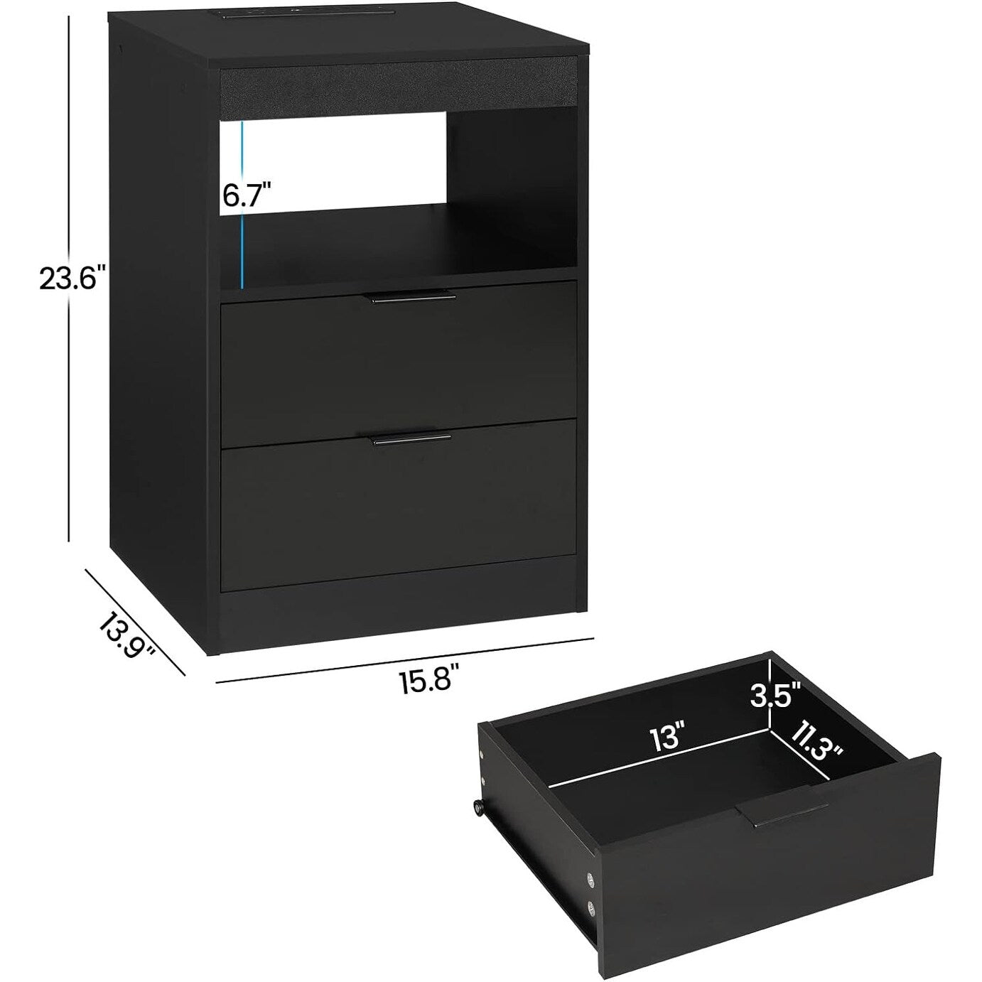 Table de chevet à 2 tiroirs avec LED et station de charge sans fil, étagère coulissante