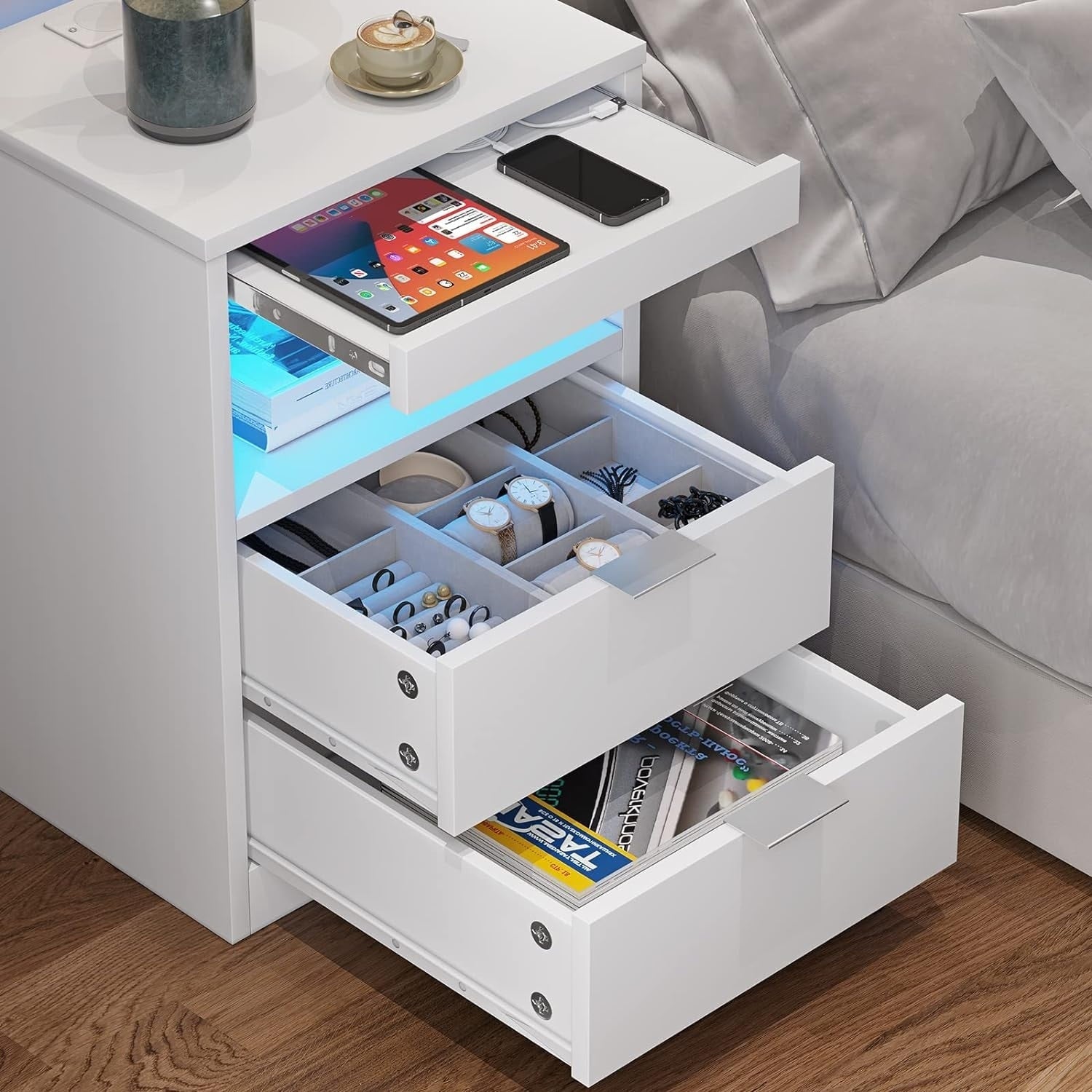 Table de chevet à 2 tiroirs avec LED et station de charge sans fil, étagère coulissante