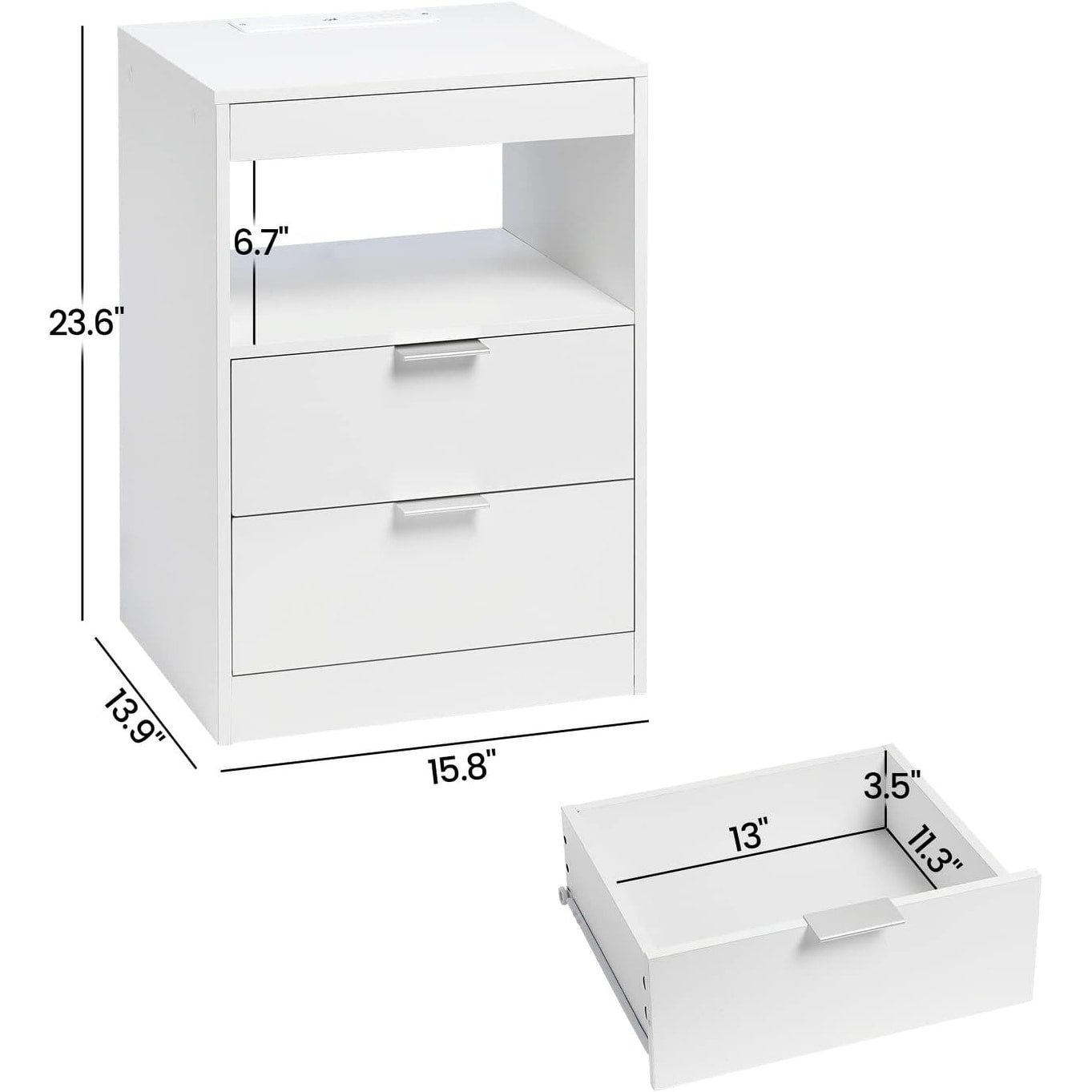 Table de chevet à 2 tiroirs avec LED et station de charge sans fil, étagère coulissante