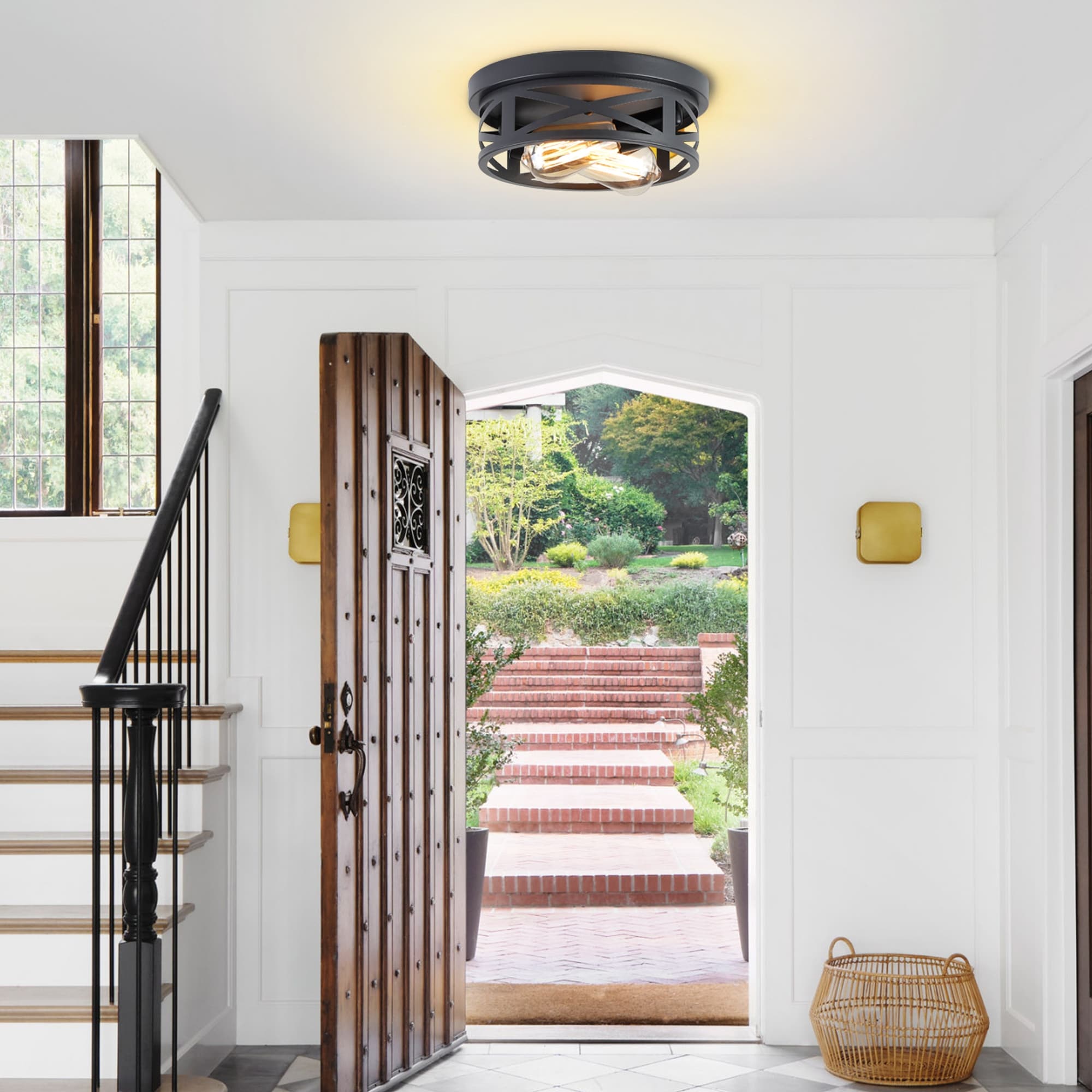 Plafonnier encastré noir à 2 lumières de style ferme - Lot de 2