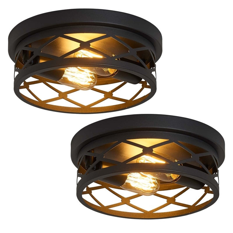 Plafonnier encastré noir à 2 lumières de style ferme - Lot de 2
