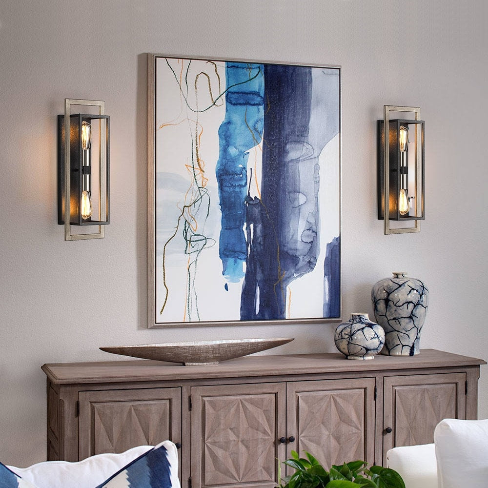 Applique murale rustique à 2 lumières, noir/bois, à intensité variable – 20 po H x 7 po L x 5 po P – 7 po L