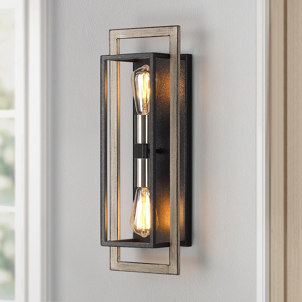 Applique murale rustique à 2 lumières, noir/bois, à intensité variable – 20 po H x 7 po L x 5 po P – 7 po L