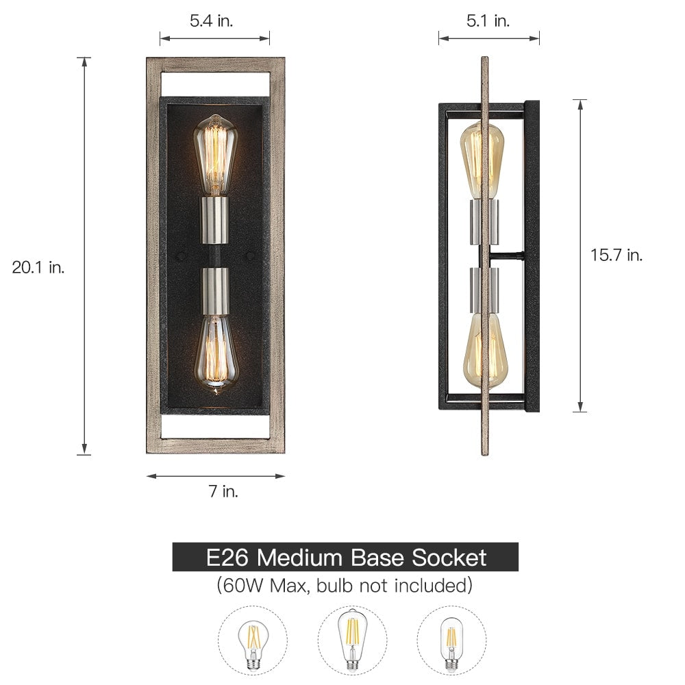 Applique murale rustique à 2 lumières, noir/bois, à intensité variable – 20 po H x 7 po L x 5 po P – 7 po L