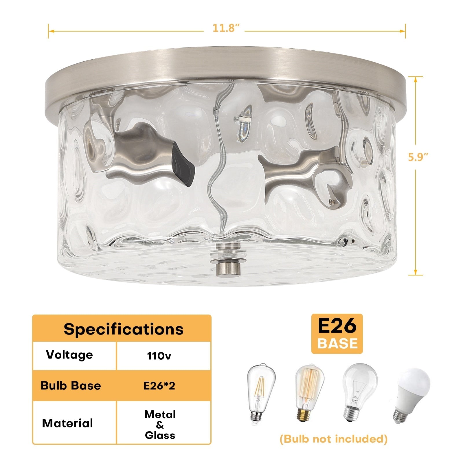 Plafonnier encastré à 2 lumières avec verre martelé transparent