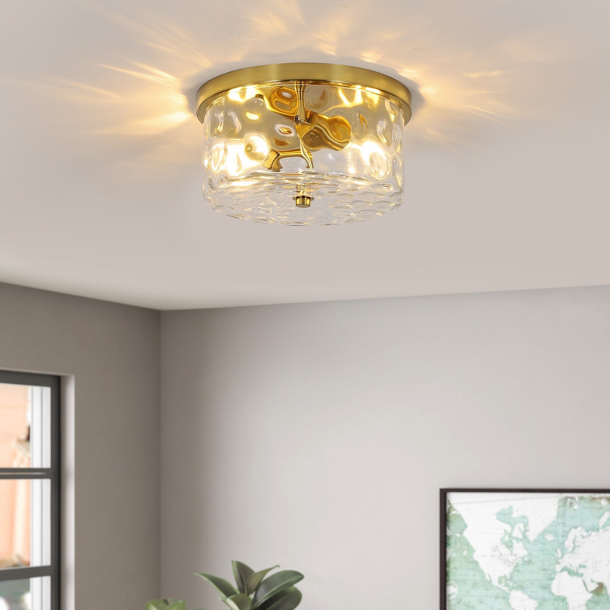 Plafonnier encastré à 2 lumières avec verre martelé transparent