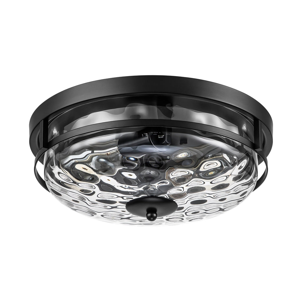 Plafonnier encastré moderne industriel à 2 lumières en verre ondulé transparent noir à dôme – 32,8 cm de largeur x 14 cm de hauteur