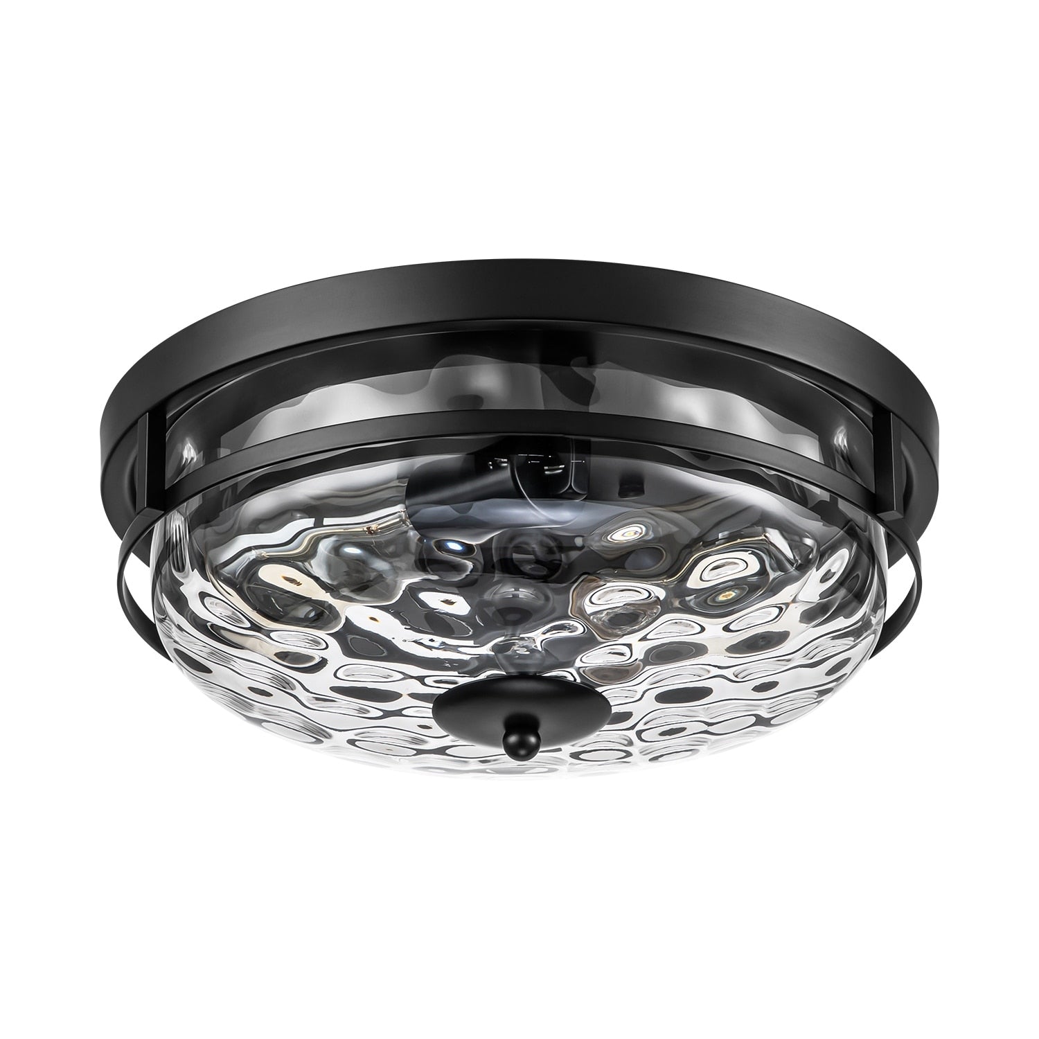 Plafonnier encastré moderne industriel à 2 lumières en verre ondulé transparent noir à dôme – 32,8 cm de largeur x 14 cm de hauteur