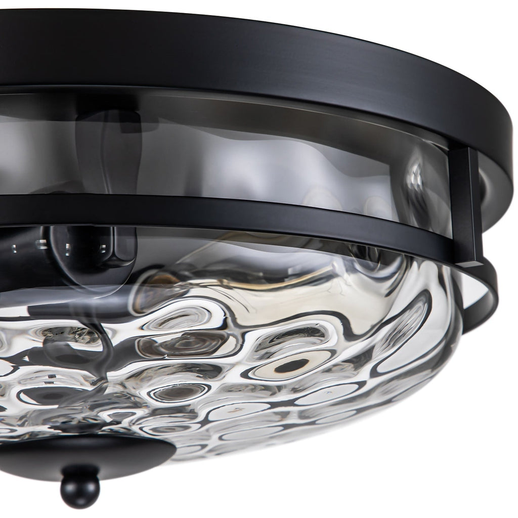 Plafonnier encastré moderne industriel à 2 lumières en verre ondulé transparent noir à dôme – 32,8 cm de largeur x 14 cm de hauteur