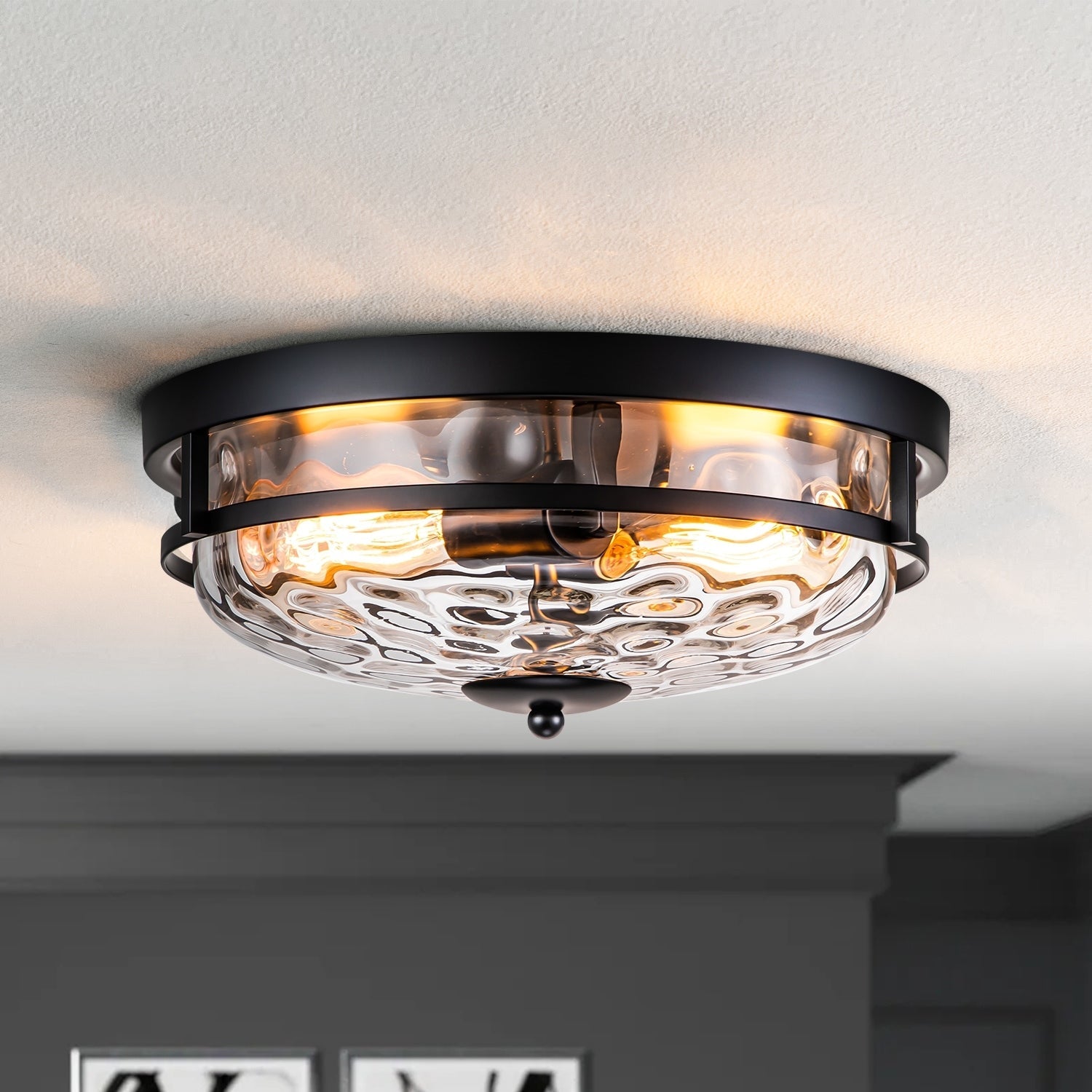 Plafonnier encastré moderne industriel à 2 lumières en verre ondulé transparent noir à dôme – 32,8 cm de largeur x 14 cm de hauteur