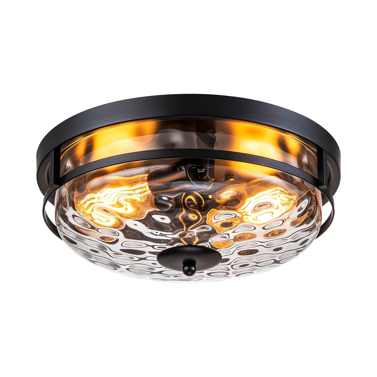 Plafonnier encastré moderne industriel à 2 lumières en verre ondulé transparent noir à dôme – 32,8 cm de largeur x 14 cm de hauteur