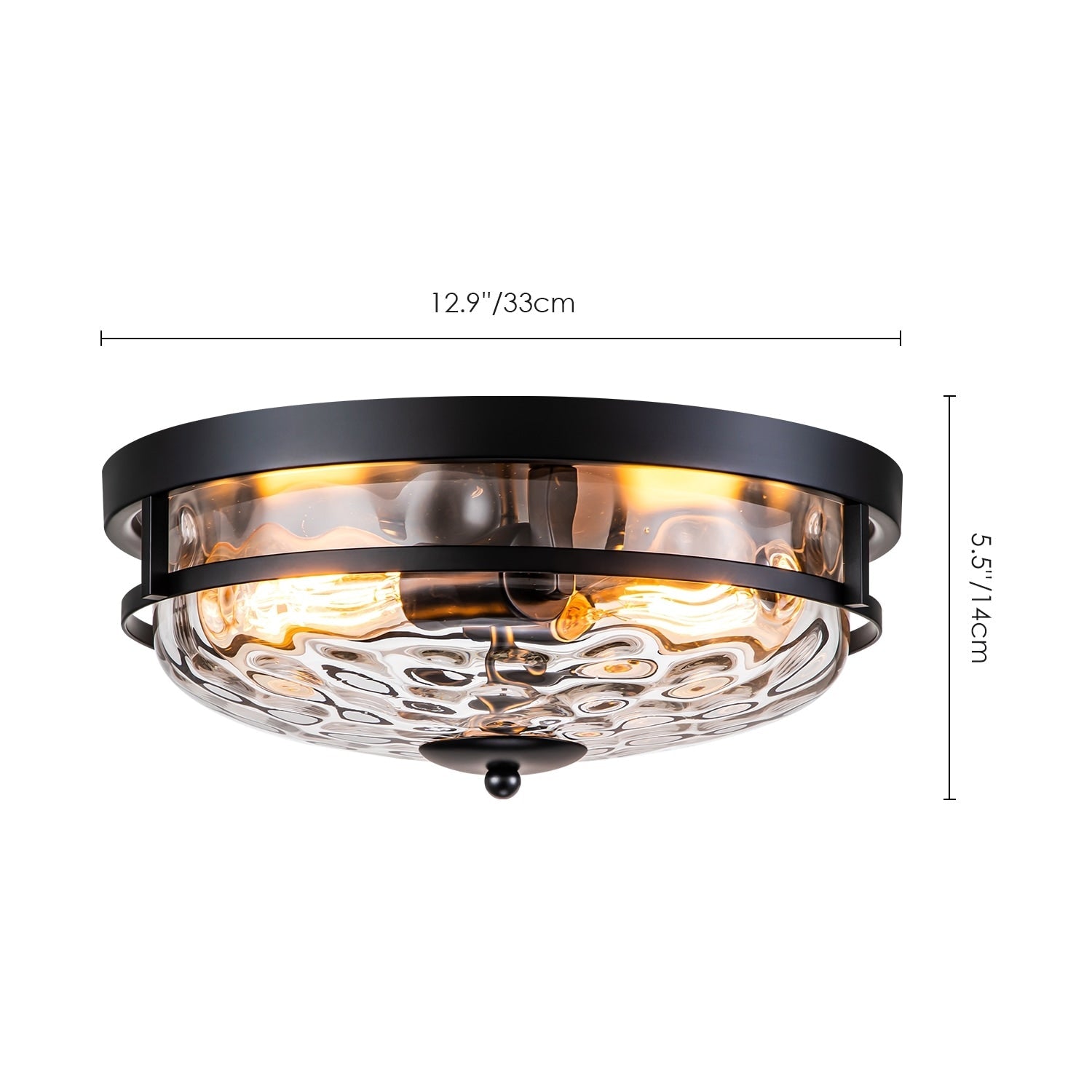 Plafonnier encastré moderne industriel à 2 lumières en verre ondulé transparent noir à dôme – 32,8 cm de largeur x 14 cm de hauteur