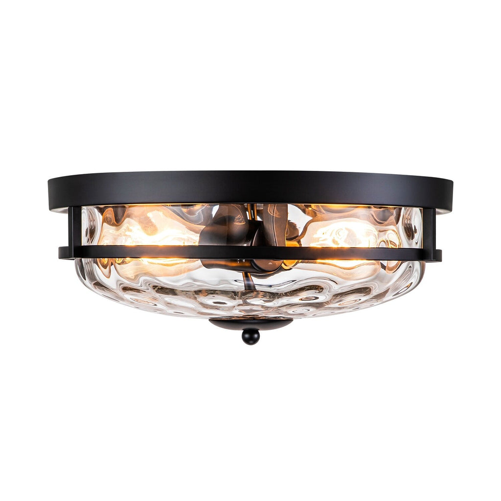 Plafonnier encastré moderne industriel à 2 lumières en verre ondulé transparent noir à dôme – 32,8 cm de largeur x 14 cm de hauteur