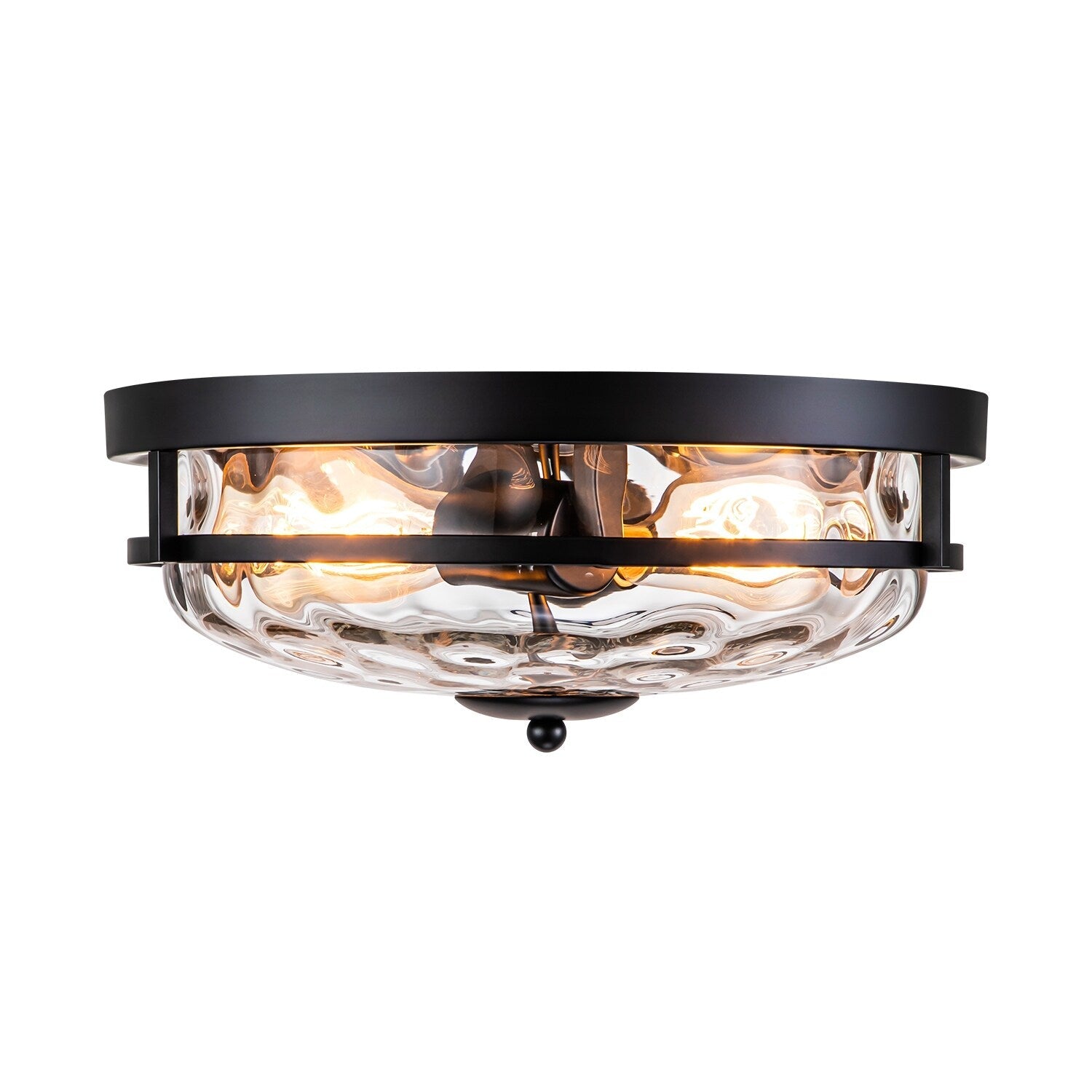 Plafonnier encastré moderne industriel à 2 lumières en verre ondulé transparent noir à dôme – 32,8 cm de largeur x 14 cm de hauteur