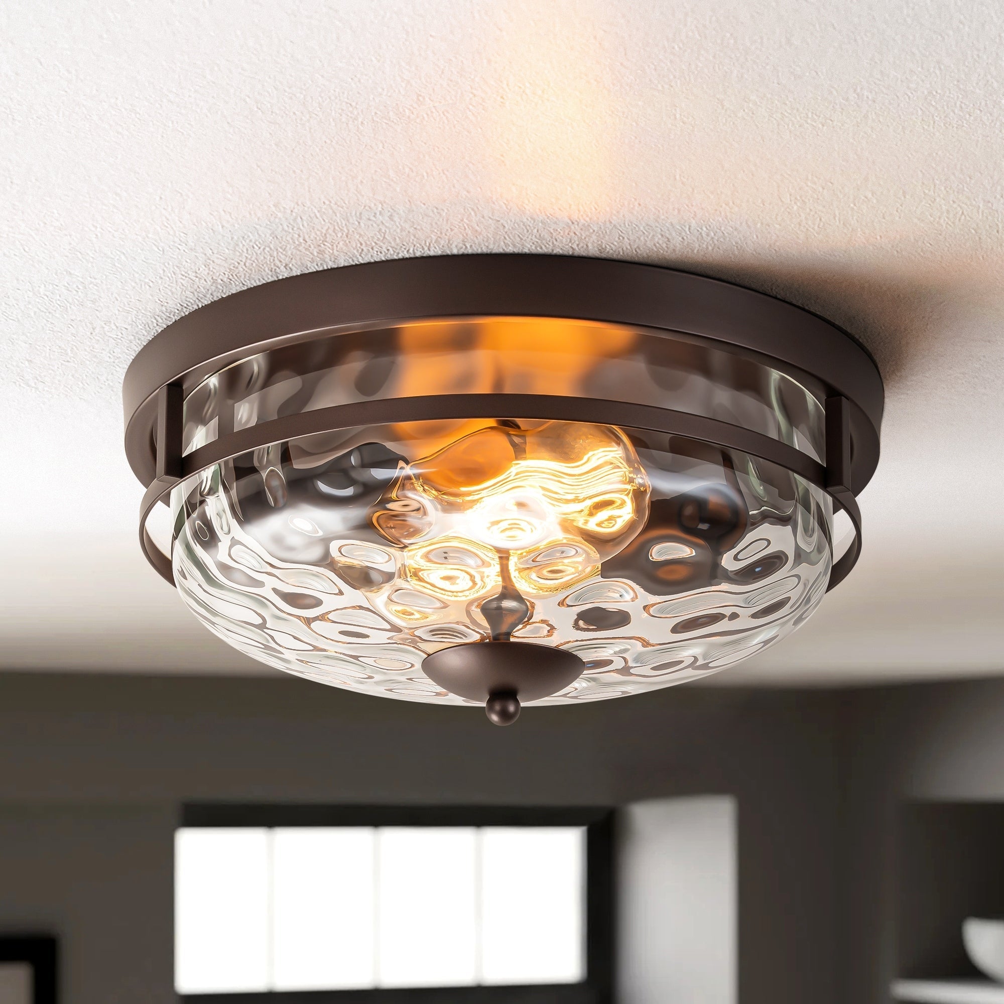 Plafonnier industriel à 2 lampes en forme de dôme, style ferme, en verre ondulé transparent