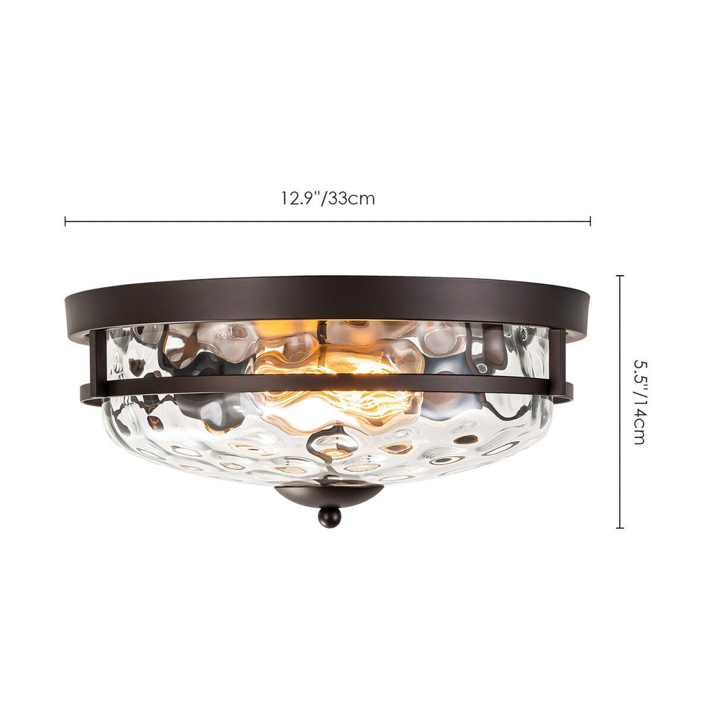 Plafonnier industriel à 2 lumières en forme de dôme, style ferme, en verre ondulé transparent, montage encastré – 32,8 cm (l) x 14 cm (h)