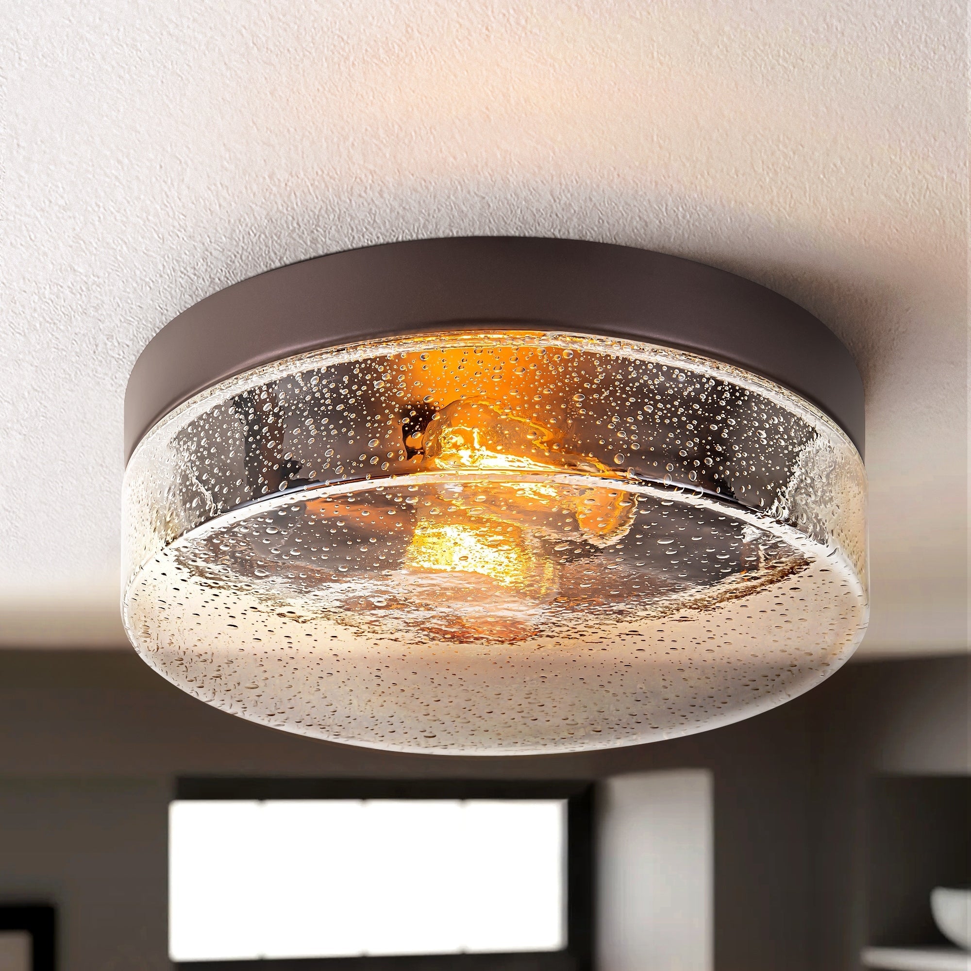 Plafonnier moderne à 2 lumières en forme de dôme, en verre transparent à bulles et à grains, de style ferme