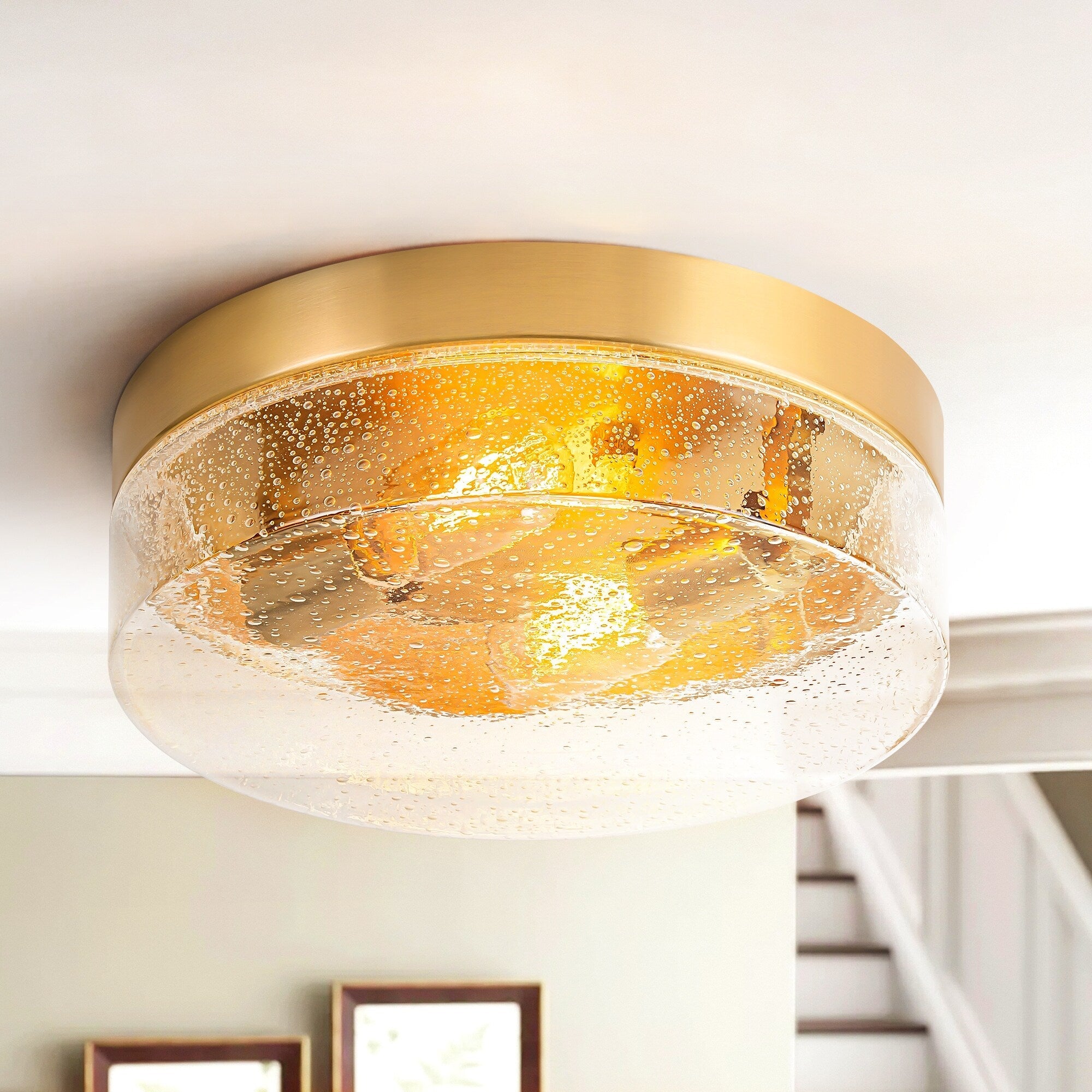 Plafonnier moderne à 2 lumières en forme de dôme, en verre transparent à bulles et à grains, de style ferme
