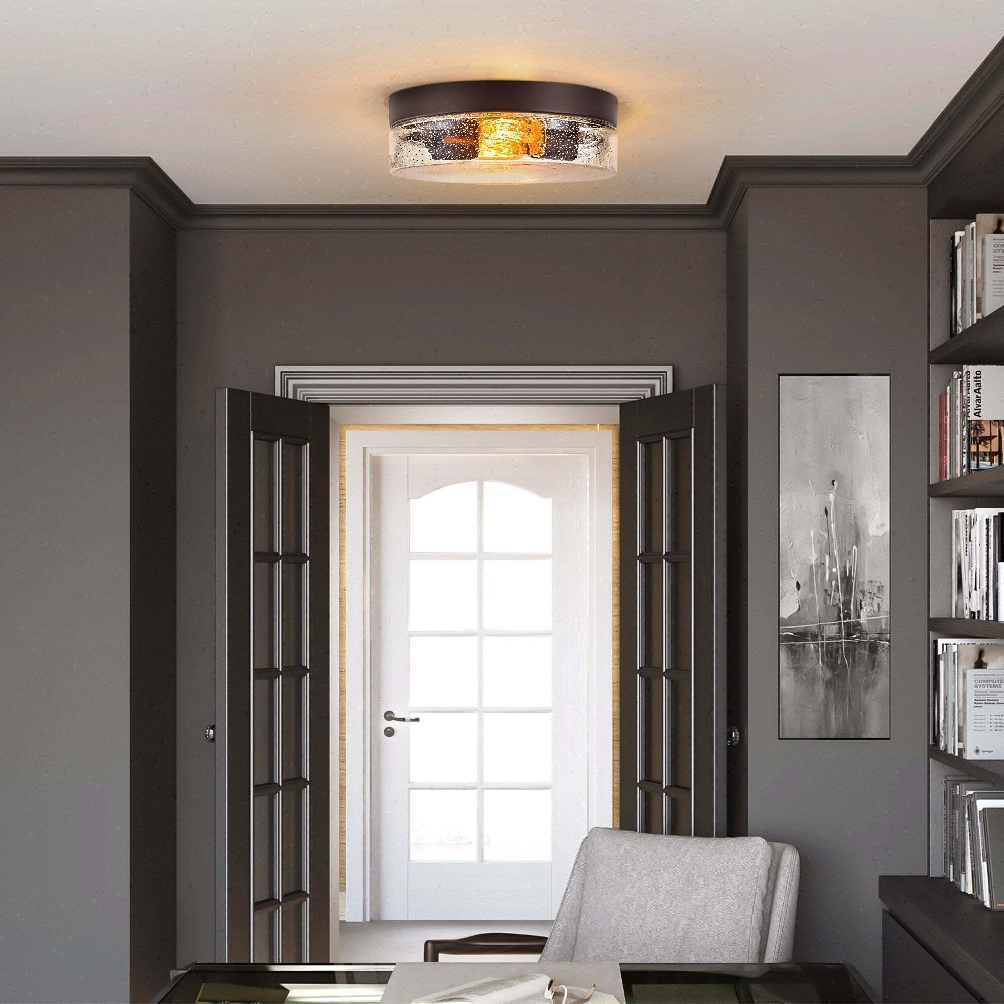 Plafonnier moderne à 2 lumières en forme de dôme, en verre transparent à bulles et à grains, de style ferme