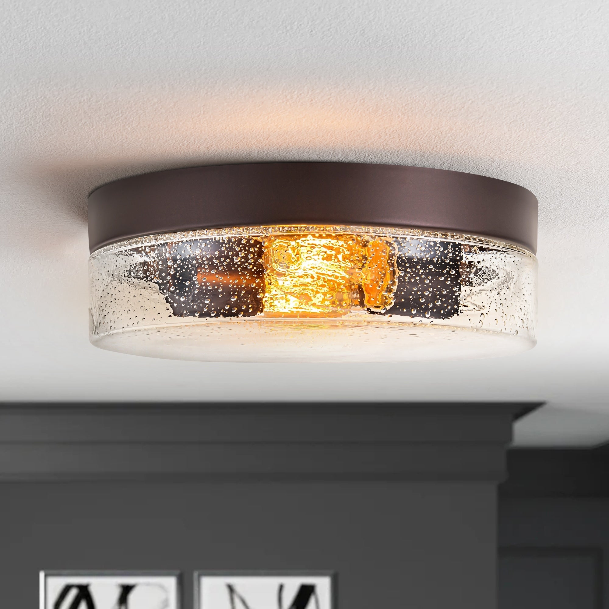 Plafonnier moderne à 2 lumières en forme de dôme, en verre transparent à bulles et à grains, de style ferme