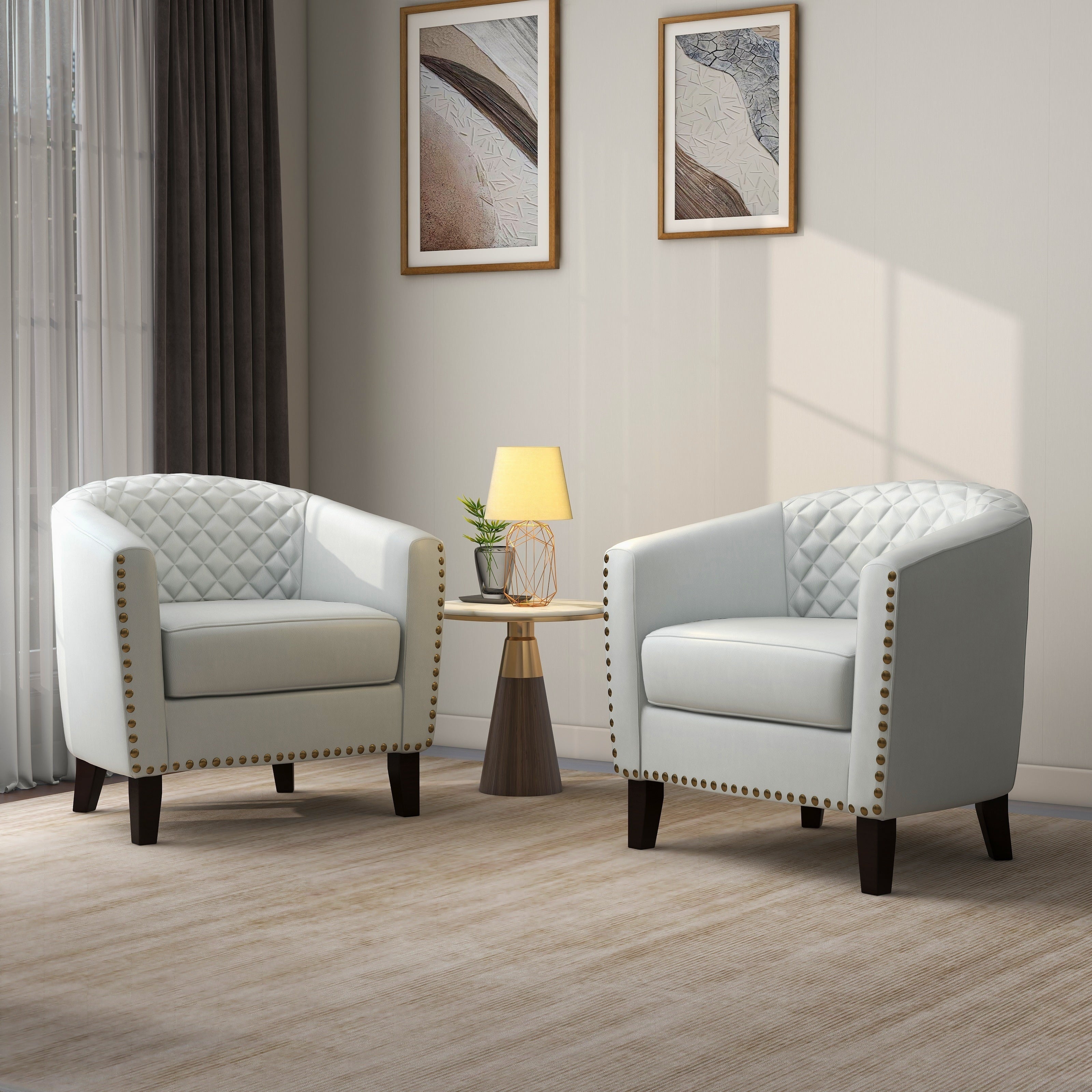 Lot de 2 chaises d'appoint tonneau en cuir vegan de 29 W avec garniture cloutée