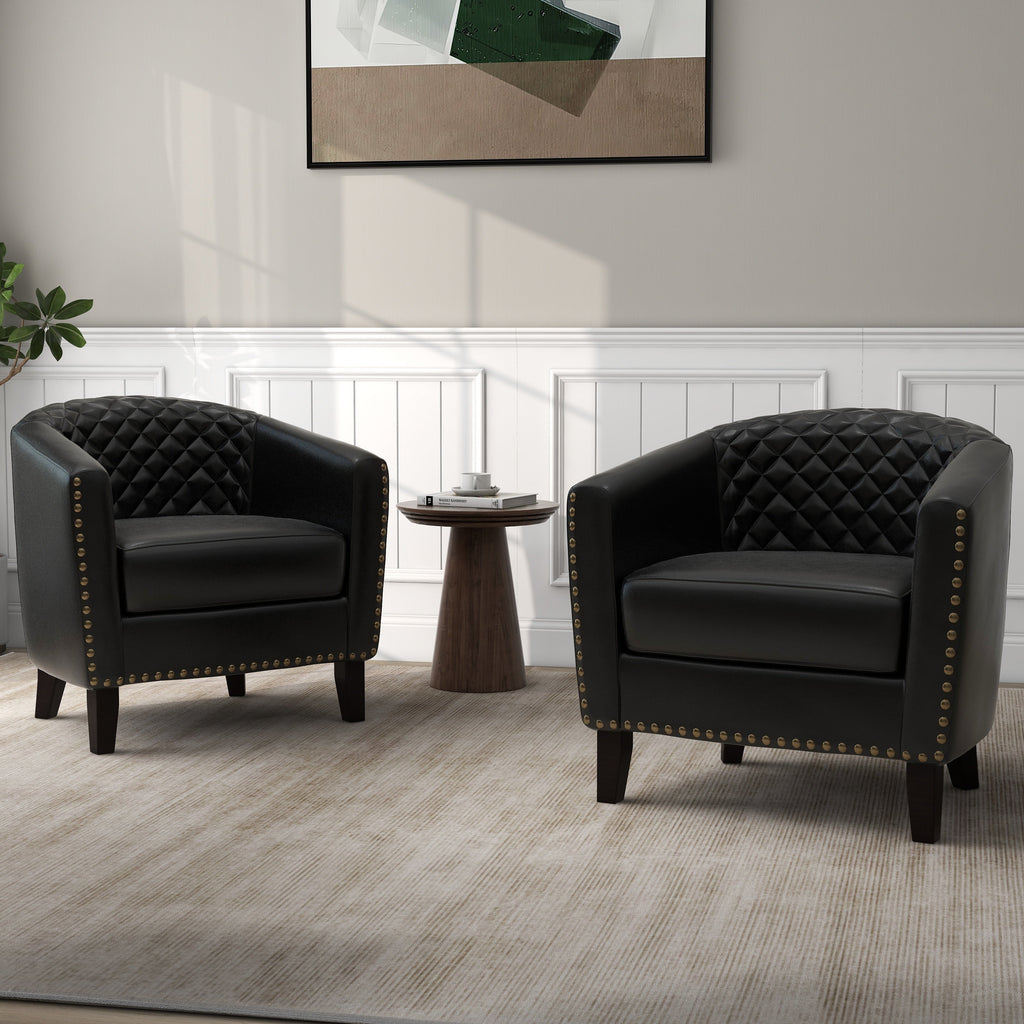 Lot de 2 chaises d'appoint tonneau en cuir vegan de 29 W avec garniture cloutée